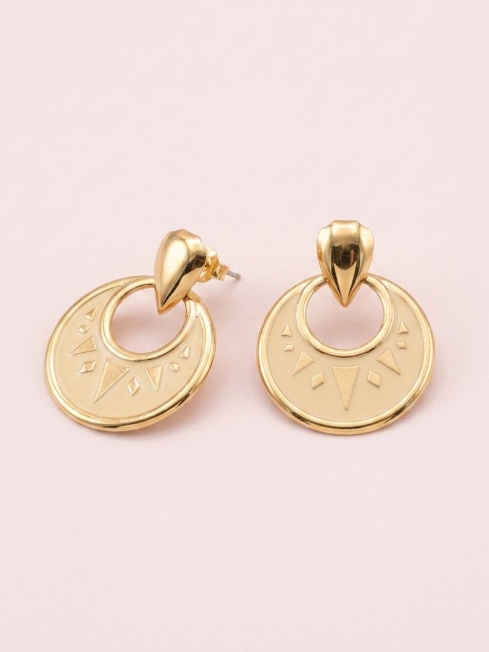 Vintage Gold Tonal Engraved Crescent Drop Earrings